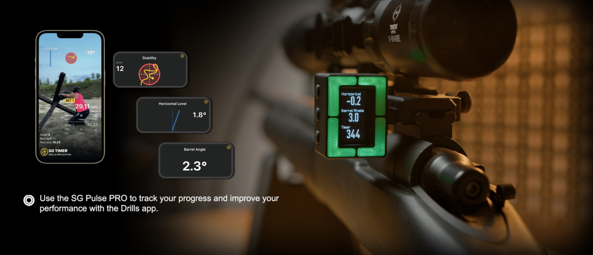 Drills app with overlayed video of shooting, SG Pulse Pro mounted on rifle