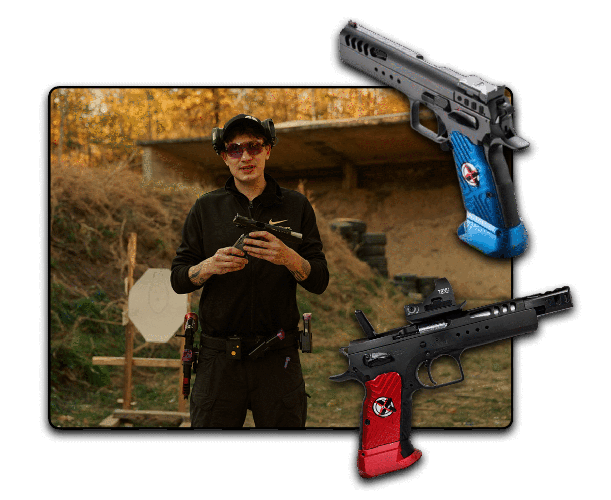 Picture of POSIO explaining what gun will be used in this test. Image of Tanfoglio Limited Custom Extreme with iron sights and Tanfoglio Domina Extreme with a frame-mounted red dot